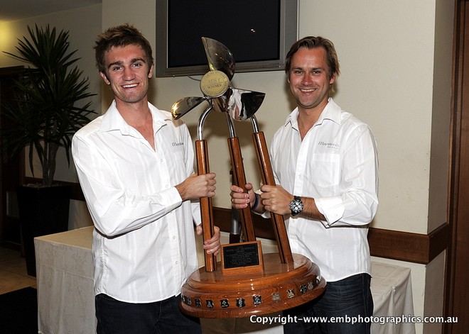 Winners are definitely grinners - 'Mustang' crew Tom Barry-Cotter (left) and Norwegian ace Pal Virik Nilsen, Australian Class 1 champions for the third successive year. © Reg Blunt http://www.embphotographics.com.au